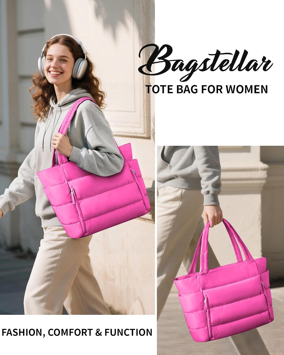 Puffer Tote Bag for Women, Lightweight Puffy Travel Gym Work Bag
