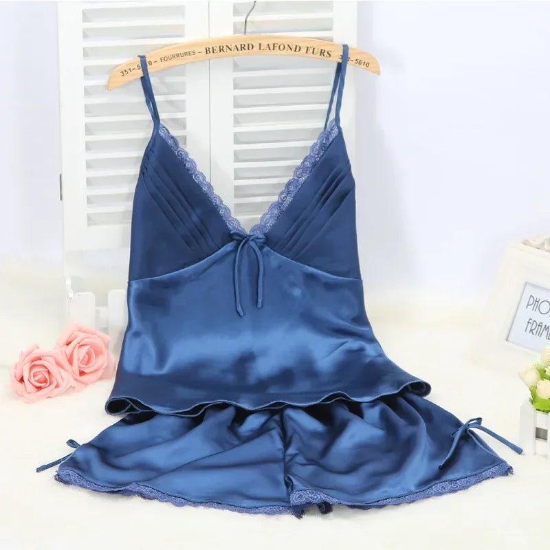 Black Pajamas Suit Lace up Cami&Shorts Set 2Pcs Satin Home Clothes Lady Sexy Lingerie Sleepwear Loungewear plus Size 3Xl