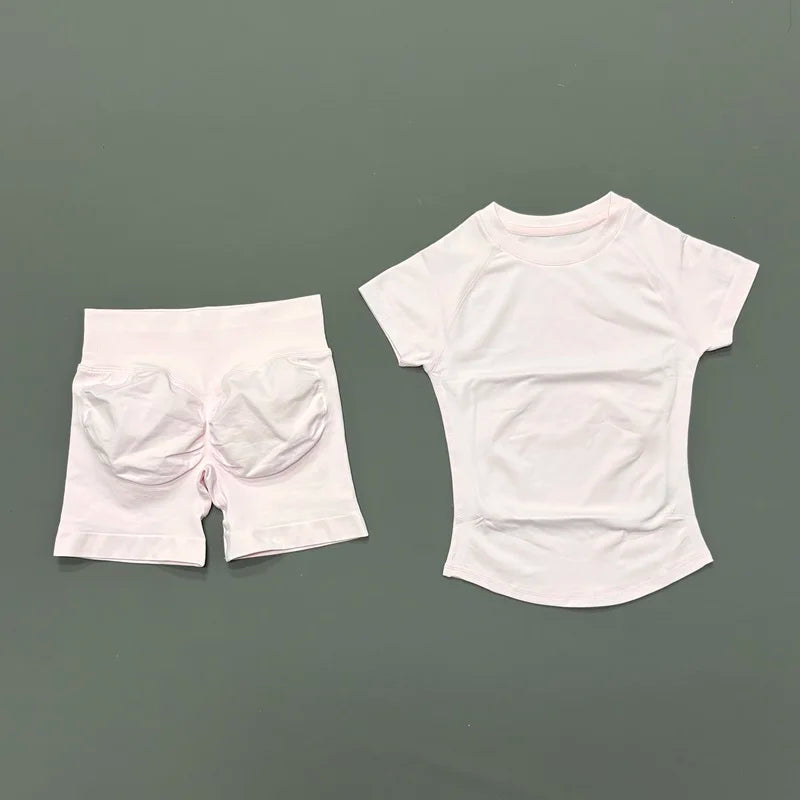 2 Pcs  Sports Gym Sets Short Sleeve Seamless Yoga Clothing Fitness Set Women Workout Running Sports Short Leggings Suit