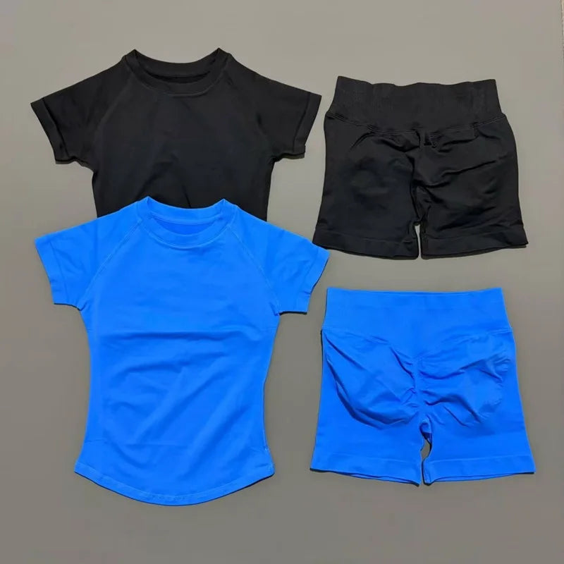 2 Pcs  Sports Gym Sets Short Sleeve Seamless Yoga Clothing Fitness Set Women Workout Running Sports Short Leggings Suit