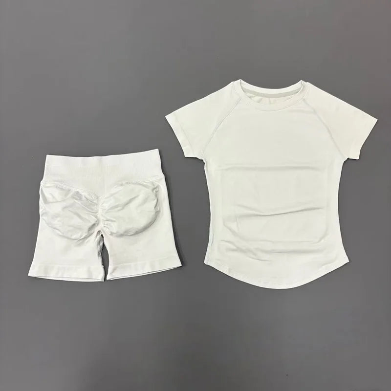 2 Pcs  Sports Gym Sets Short Sleeve Seamless Yoga Clothing Fitness Set Women Workout Running Sports Short Leggings Suit