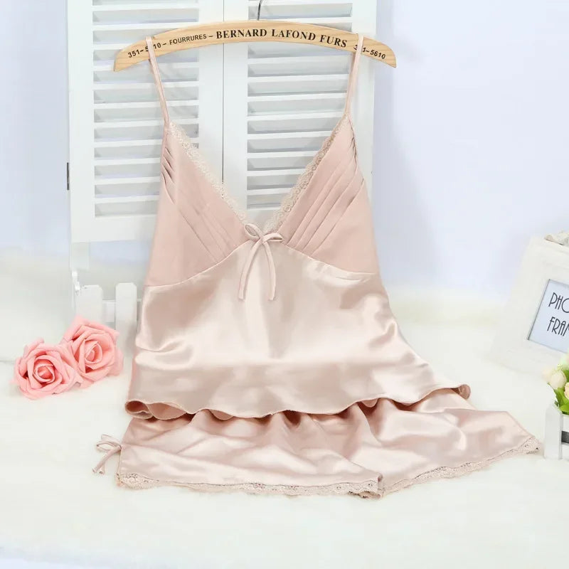 Black Pajamas Suit Lace up Cami&Shorts Set 2Pcs Satin Home Clothes Lady Sexy Lingerie Sleepwear Loungewear plus Size 3Xl