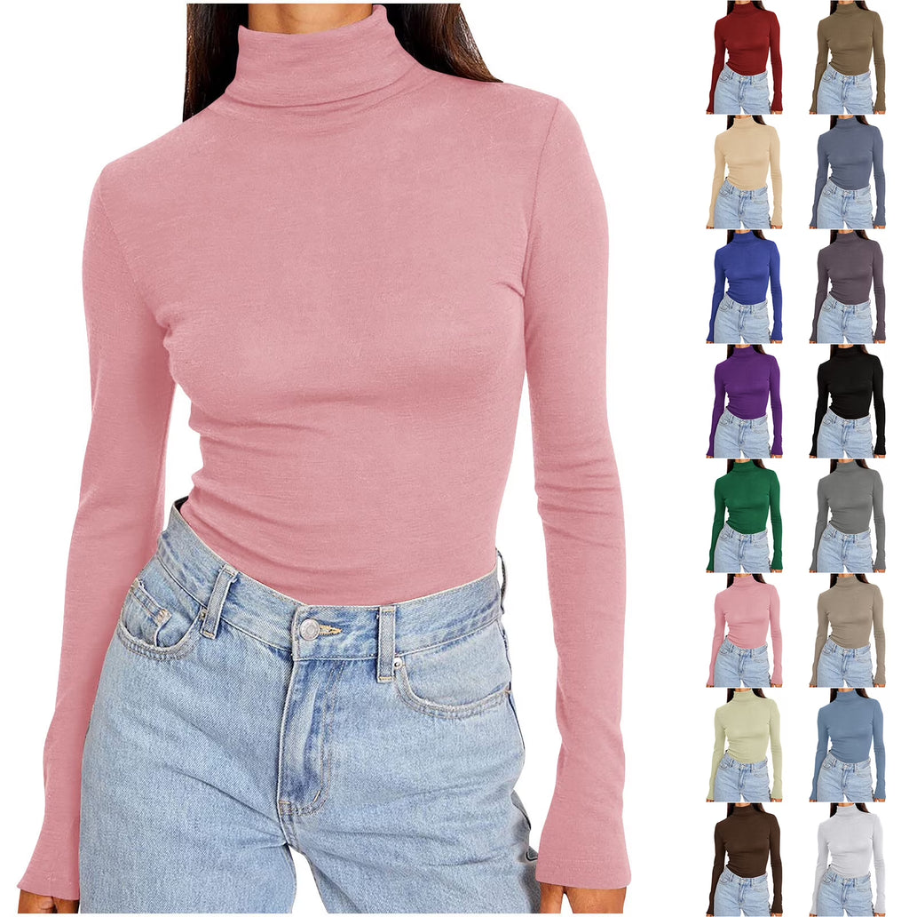 Womens Basic Turtleneck Long Sleeve Slim Fit Top Soft Stretchy Mock Neck Shirt Casual Layering Tee for Fall Winter Pink XXXL