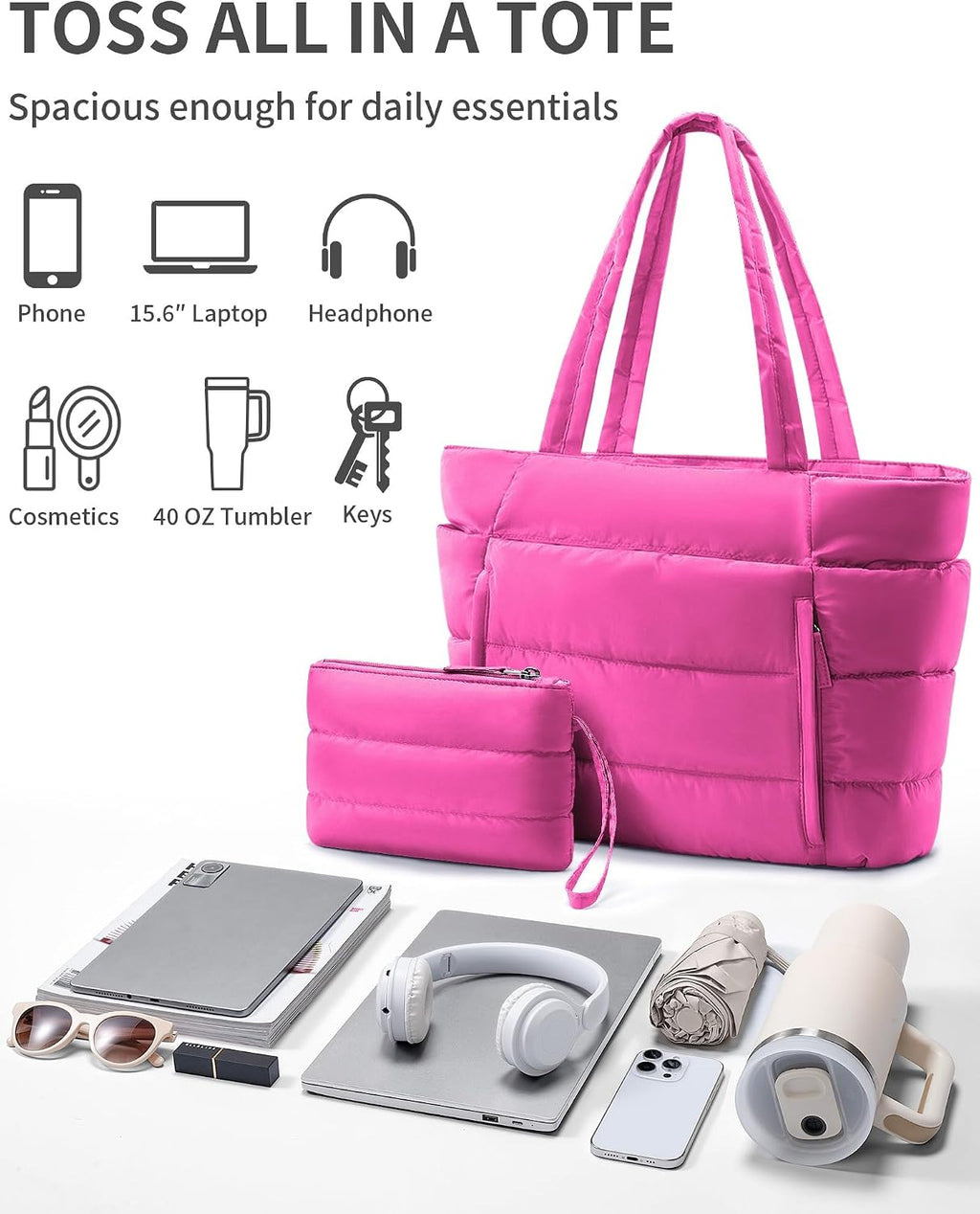 Puffer Tote Bag for Women, Lightweight Puffy Travel Gym Work Bag