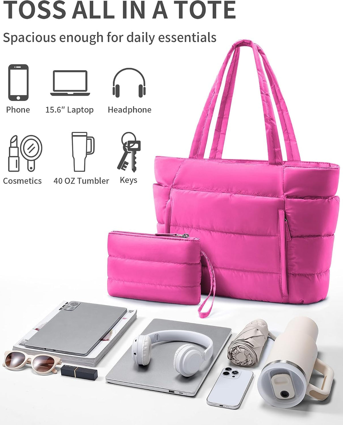 Puffer Tote Bag for Women, Lightweight Puffy Travel Gym Work Bag