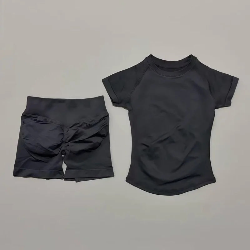 2 Pcs  Sports Gym Sets Short Sleeve Seamless Yoga Clothing Fitness Set Women Workout Running Sports Short Leggings Suit