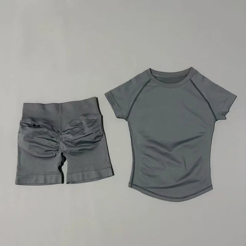 2 Pcs  Sports Gym Sets Short Sleeve Seamless Yoga Clothing Fitness Set Women Workout Running Sports Short Leggings Suit