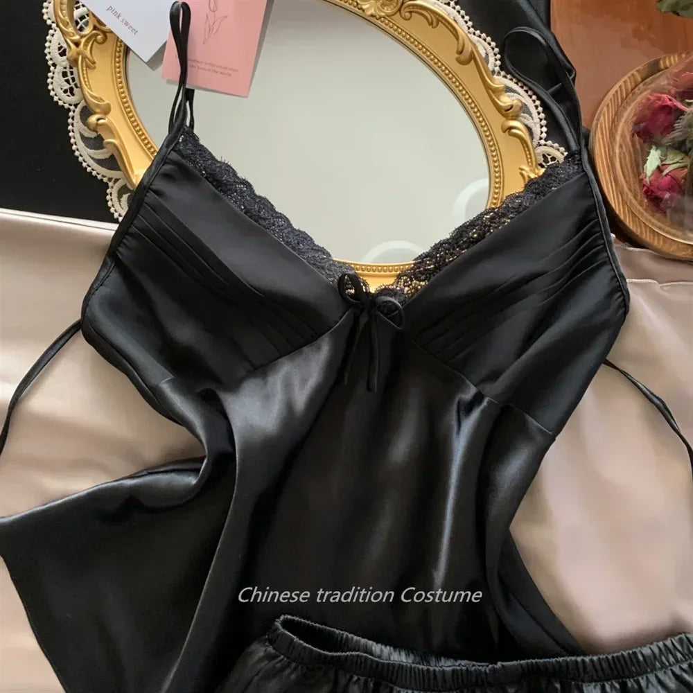 Black Pajamas Suit Lace up Cami&Shorts Set 2Pcs Satin Home Clothes Lady Sexy Lingerie Sleepwear Loungewear plus Size 3Xl