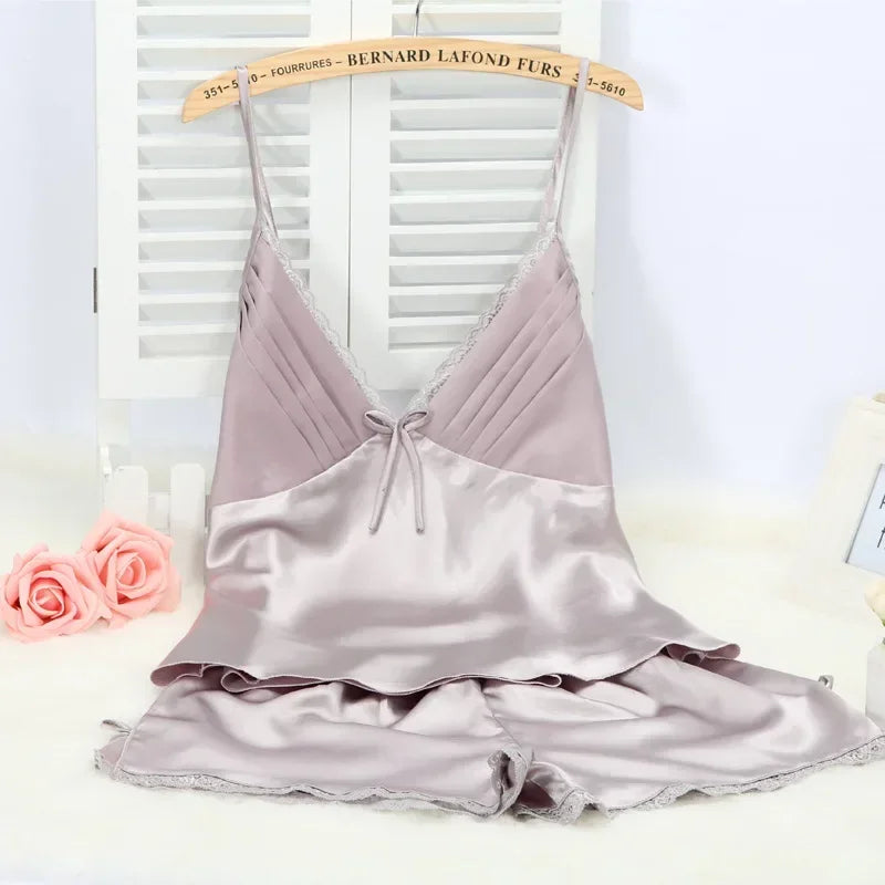 Black Pajamas Suit Lace up Cami&Shorts Set 2Pcs Satin Home Clothes Lady Sexy Lingerie Sleepwear Loungewear plus Size 3Xl