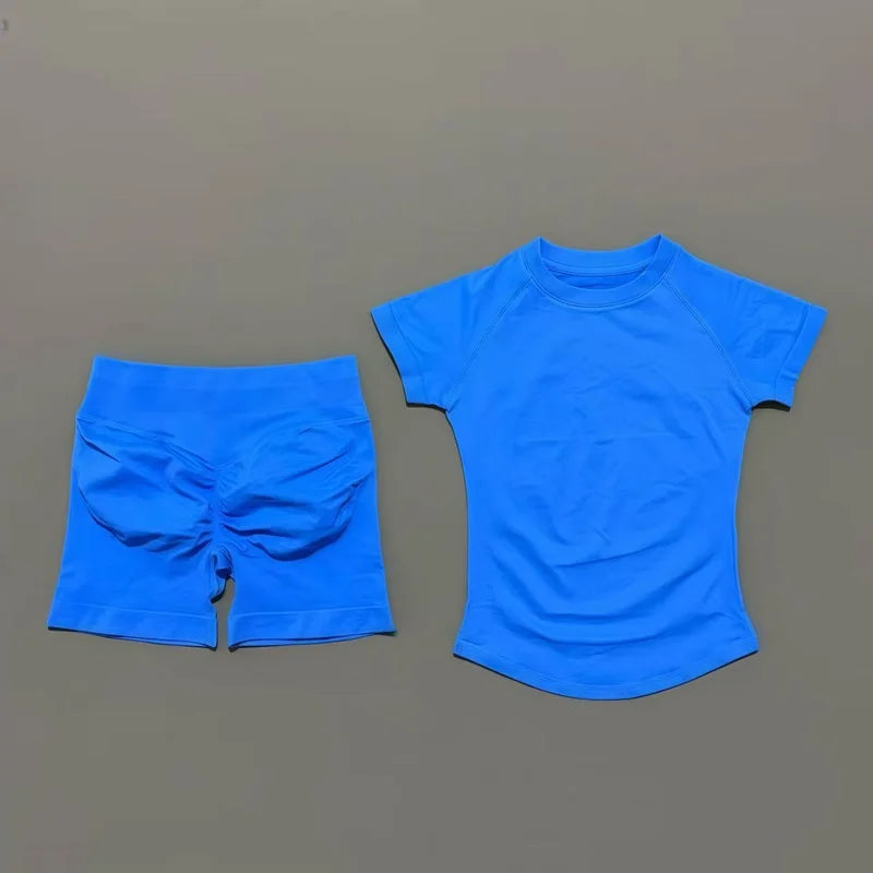 2 Pcs  Sports Gym Sets Short Sleeve Seamless Yoga Clothing Fitness Set Women Workout Running Sports Short Leggings Suit