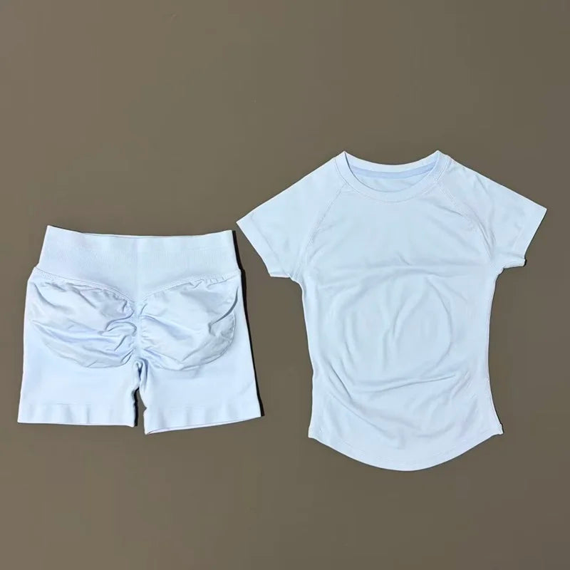 2 Pcs  Sports Gym Sets Short Sleeve Seamless Yoga Clothing Fitness Set Women Workout Running Sports Short Leggings Suit