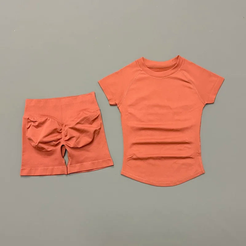 2 Pcs  Sports Gym Sets Short Sleeve Seamless Yoga Clothing Fitness Set Women Workout Running Sports Short Leggings Suit