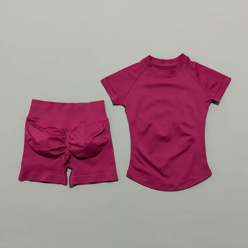 2 Pcs  Sports Gym Sets Short Sleeve Seamless Yoga Clothing Fitness Set Women Workout Running Sports Short Leggings Suit