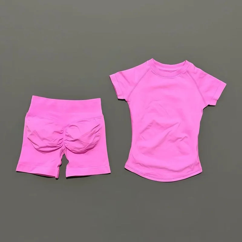 2 Pcs  Sports Gym Sets Short Sleeve Seamless Yoga Clothing Fitness Set Women Workout Running Sports Short Leggings Suit