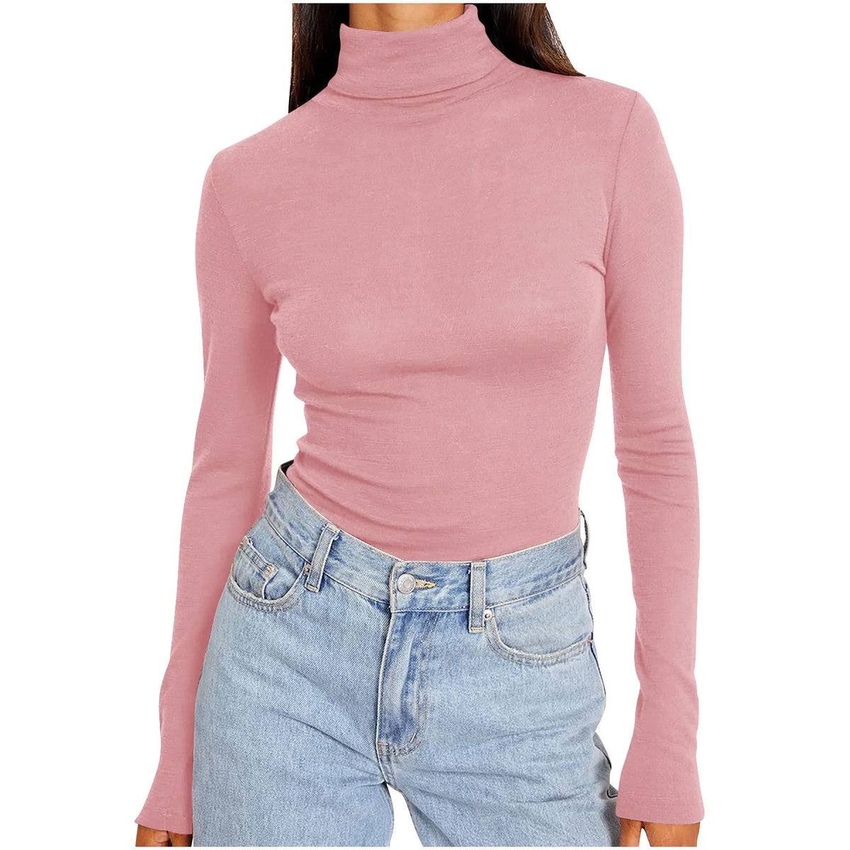 Womens Basic Turtleneck Long Sleeve Slim Fit Top Soft Stretchy Mock Neck Shirt Casual Layering Tee for Fall Winter Pink XXXL