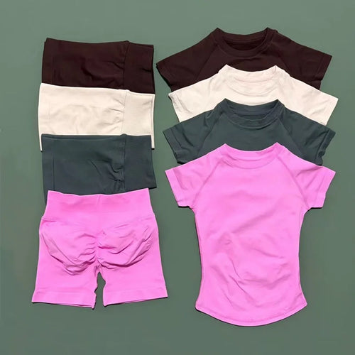 2 Pcs  Sports Gym Sets Short Sleeve Seamless Yoga Clothing Fitness Set Women Workout Running Sports Short Leggings Suit