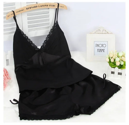 Black Pajamas Suit Lace up Cami&Shorts Set 2Pcs Satin Home Clothes Lady Sexy Lingerie Sleepwear Loungewear plus Size 3Xl