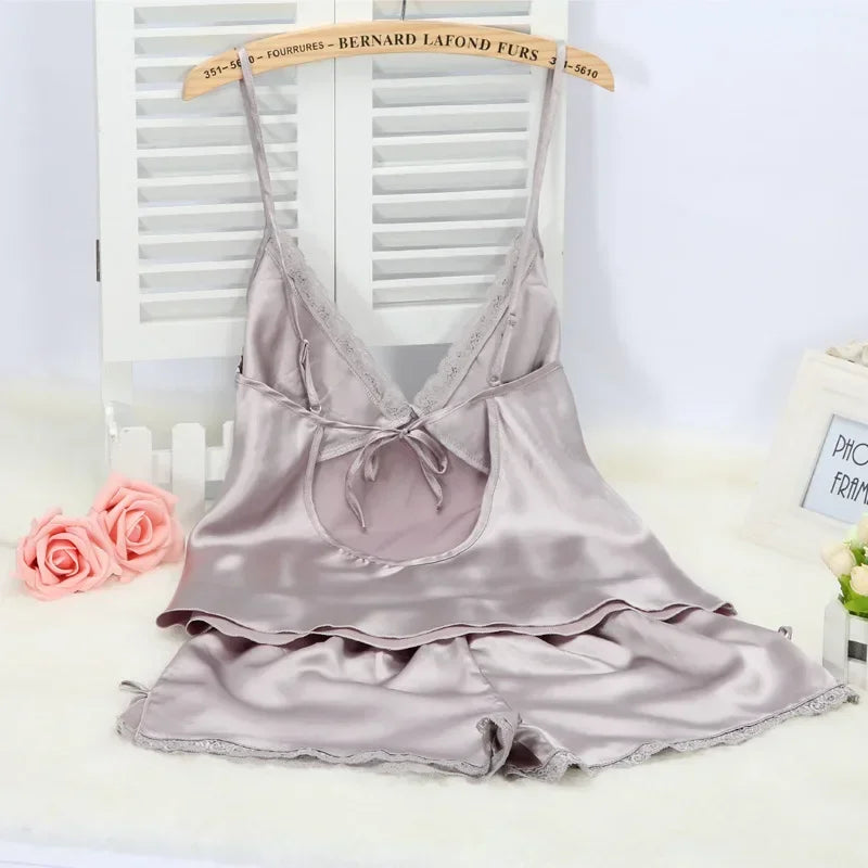 Black Pajamas Suit Lace up Cami&Shorts Set 2Pcs Satin Home Clothes Lady Sexy Lingerie Sleepwear Loungewear plus Size 3Xl