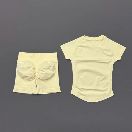 2 Pcs  Sports Gym Sets Short Sleeve Seamless Yoga Clothing Fitness Set Women Workout Running Sports Short Leggings Suit